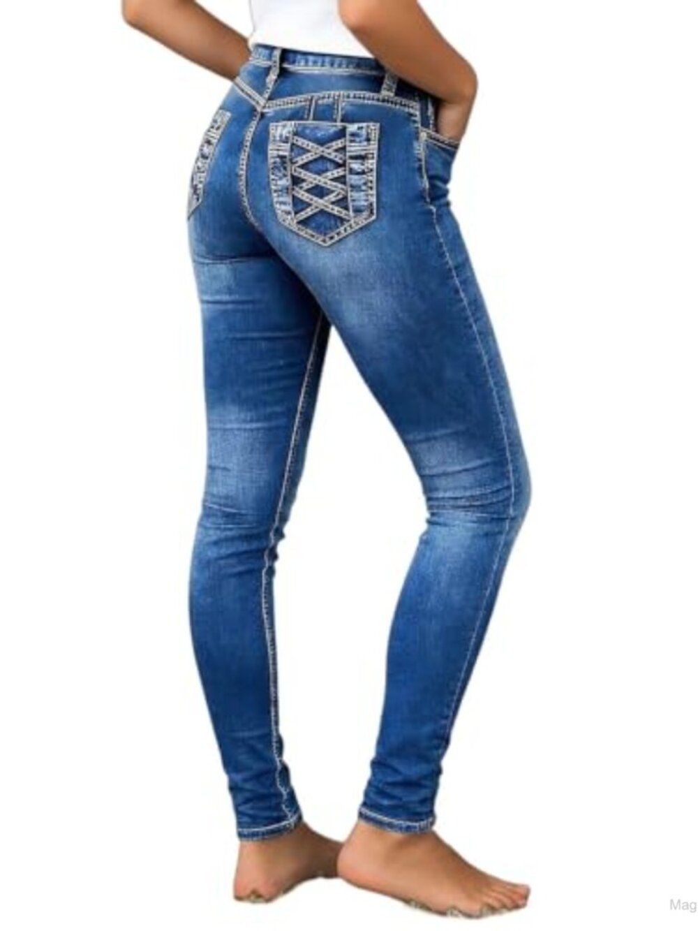 Women's Mid Rise Skinny Jeans Stretchy Criss-Cross Back Pockets
